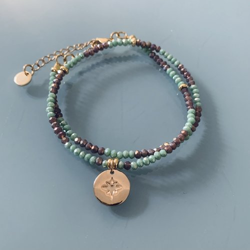 Bracelet double et perles indiennes, bracelet femme gourmette pierres naturelles magiques et perles heishi plaqué or 24 k
