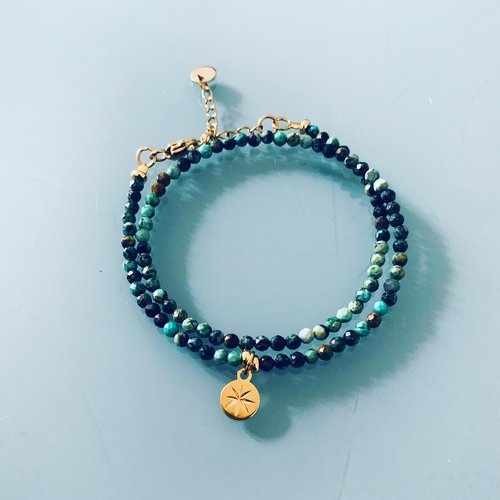 Bracelet double et turquoises africaines, bracelet femme gourmette pierres naturelles magiques et perles heishi plaqué or 24 k