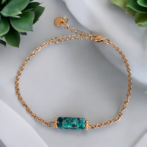 Bracelet turquoise africaine, bracelet femme gourmette pierres naturelles magiques et perles heishi plaqué or 24 k