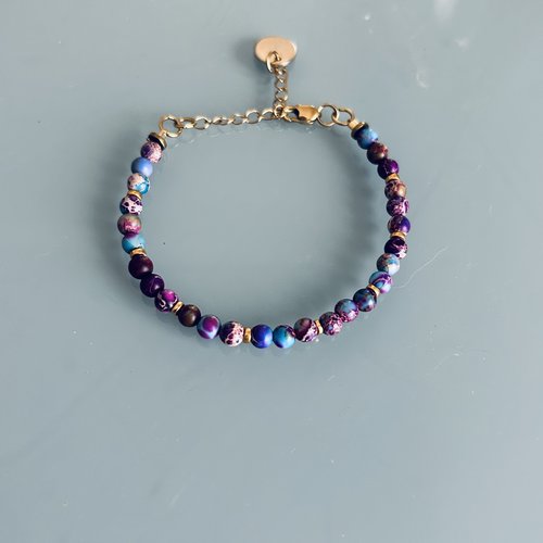 Bracelet en perles de jaspe, bracelet femme gourmette pierres naturelles magiques et perles heishi plaqué or 24 k