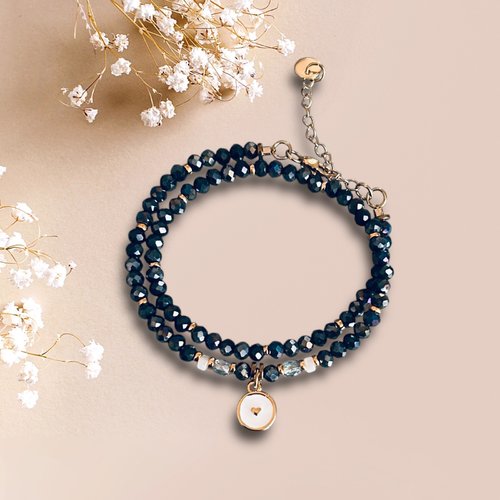 Bracelet spécial fêtes double médaillon cœur en perles gris/bleu