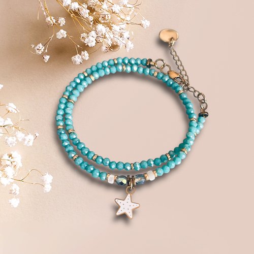 Bracelet double pendentif étoile en perles turquoises, bracelet femme gourmette pierres naturelles