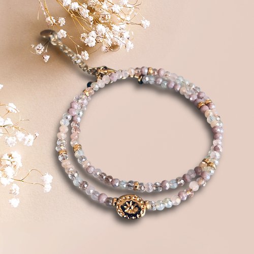 Bracelet double perles indiennes roses et amulette étoile or, bracelet femme gourmette pierres naturelles magiques
