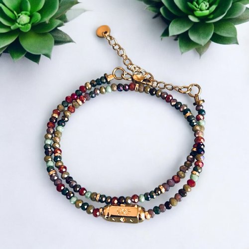 Bracelet double perles indiennes et amulette talisman or