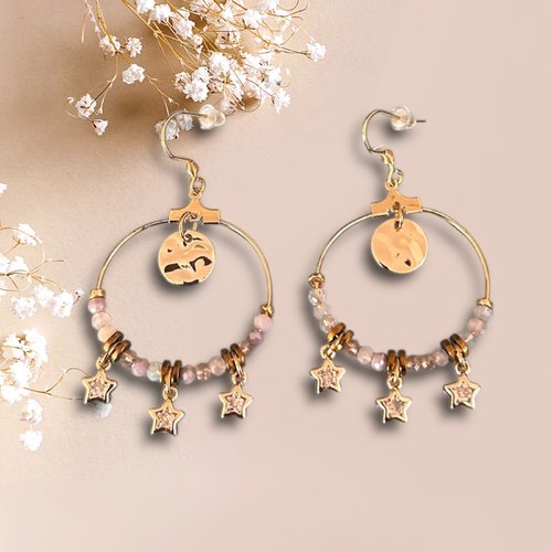 Boucles d’oreilles bohèmes étoiles et perles roses et dorées, créoles dorées, idée cadeau femme