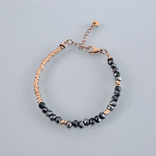 Bracelet en perles gris/bleu, bracelet femme gourmette pierres naturelles magiques et perles heishi plaqué or 24 k