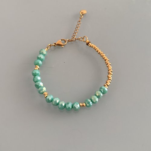 Bracelet en perles vertes, bracelet femme gourmette pierres naturelles magiques et perles heishi plaqué or 24 k