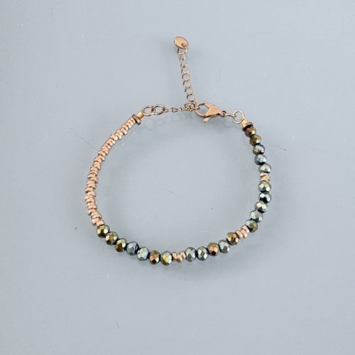 Bracelet en perles héliotropes, bracelet femme gourmette pierres naturelles magiques et perles heishi plaqué or 24 k