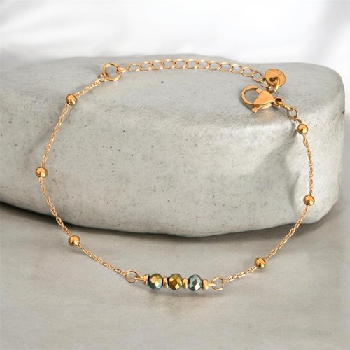 Bracelet en perles héliotropes, bracelet femme gourmette pierres naturelles magiques et perles heishi plaqué or 24 k