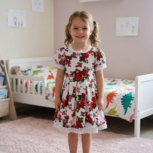 Robe fillette petite princesse à grosses roses rouge et jupon - fait main - taille 3 / 4 ans