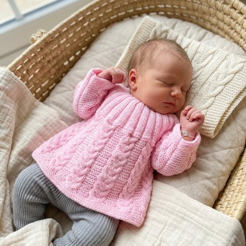 Brassière bébé laine naissance rose bonbon motif torsades - fait main - laine layette 100% acrylique