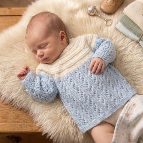 Brassière / cardigan naissance pour bébé en tricot bleu ciel et crème