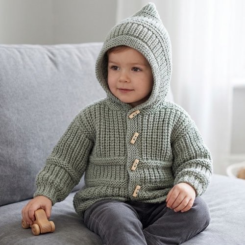 Manteau en tricot fait main vert sauge avec capuche - 2 ans