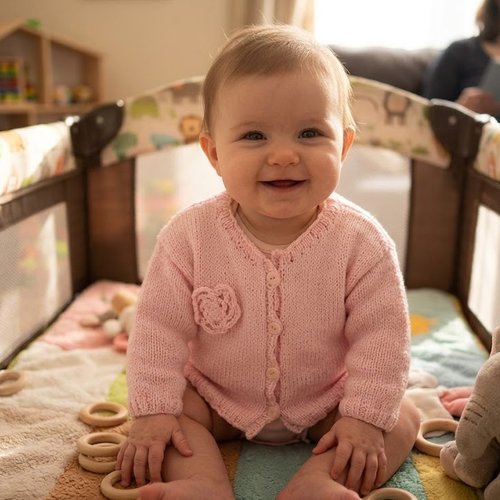 Gilet en tricot rose poudré avec fleur – 6 / 9 mois