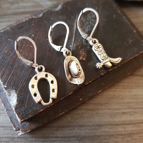 Boucle d'oreille homme cowboy, pendentif chapeau, fer à cheval, santiag