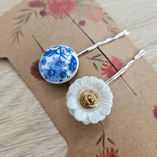 Upcycle barrette - barrette pour cheveux bouton vintage x2 marguerite porcelaine