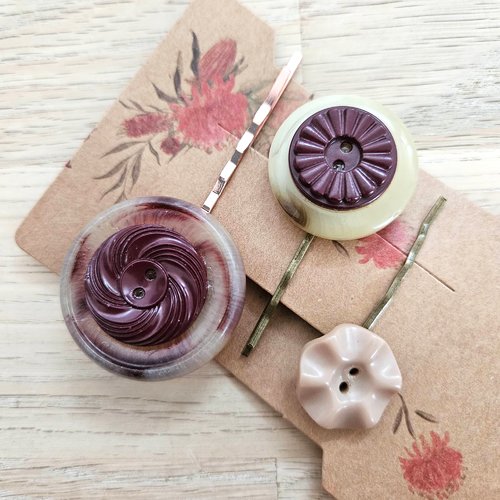 Accessoire recyclé - barrettes marron cheveux bouton ancien x3