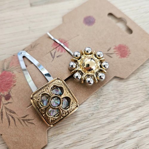 Mariage doré - barrettes pour cheveux avec bouton ancien éco friendly x2 doré
