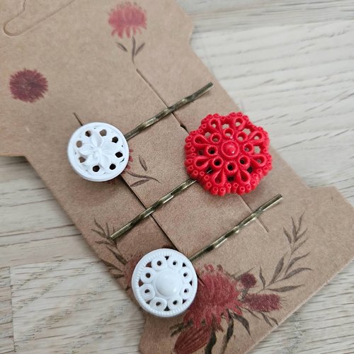 Ensemble de barrettes rétro chic - boutons vintage recyclés, rouge et blanc, accessoires cheveux mariage