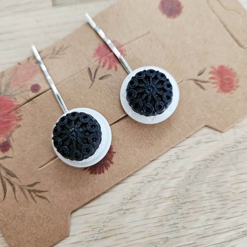 Mariage noir blanc - barrette cheveux épingle pour cheveux boutons recyclage vintage x2