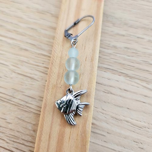 Boucle d'oreille homme poisson scalaire et bulle perle de verre, bijou animal