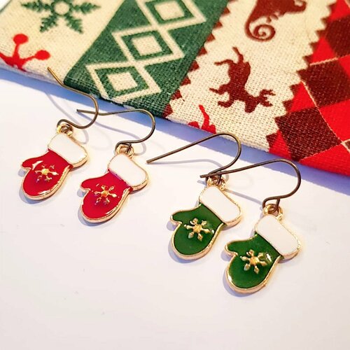 Noël - boucles d'oreille moufles à flocon de neige - vert ou rouge