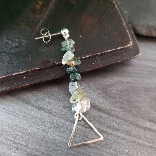 Boucle d'oreille homme pierre naturelle verte agate mousse et triangle