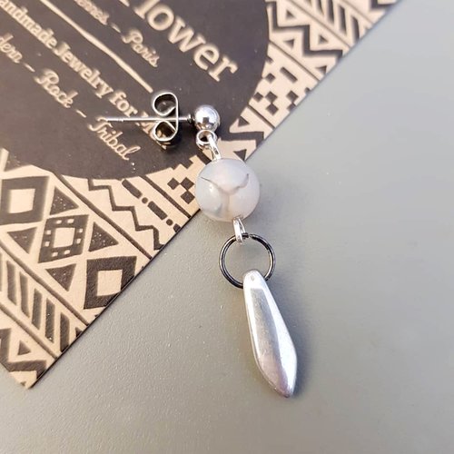 Boucle d'oreille homme ethnique, pierre grise agate dragon, dague argent - puce acier inoxydable