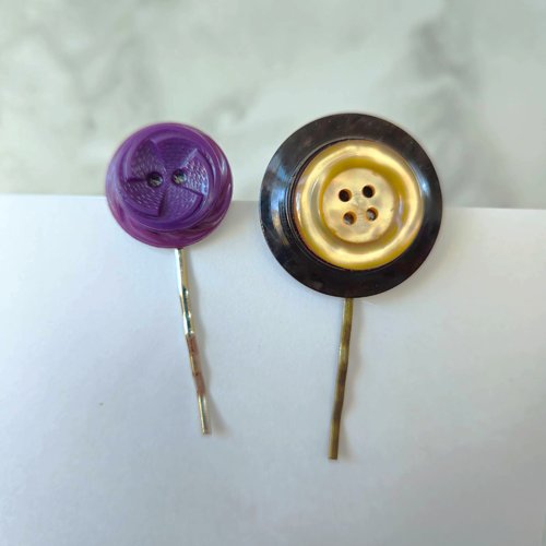 Lot de 2 barrettes vintage, boutons anciens recyclés, accessoires pour cheveux