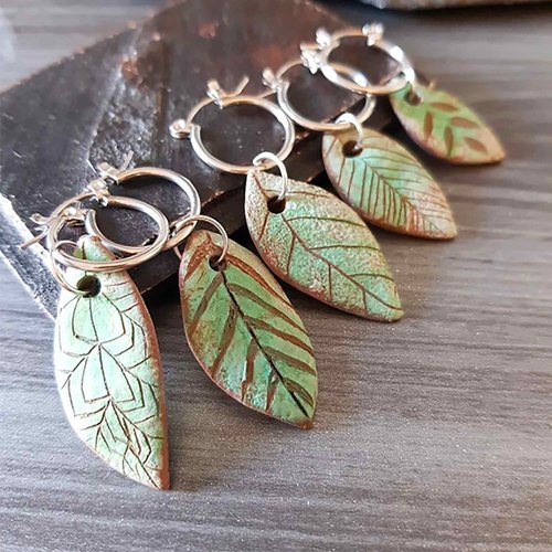 Boucle d'oreille homme anneau feuille vert turquoise