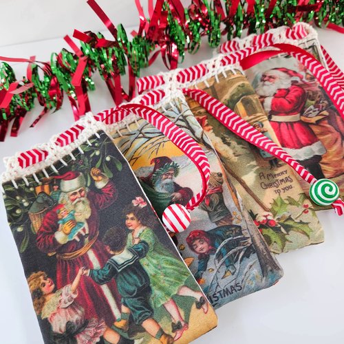 Noel - 2 petites pochettes noël, pochon motif père-noël vintage, mini sac réutilisable, sachet zéro déchet, poche en tissu