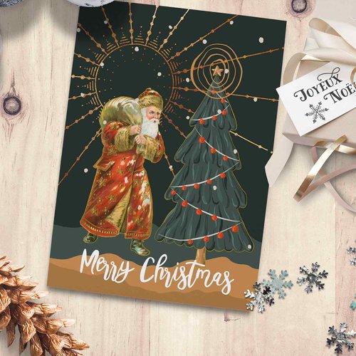 Carte postale père noël merry christmas - vert