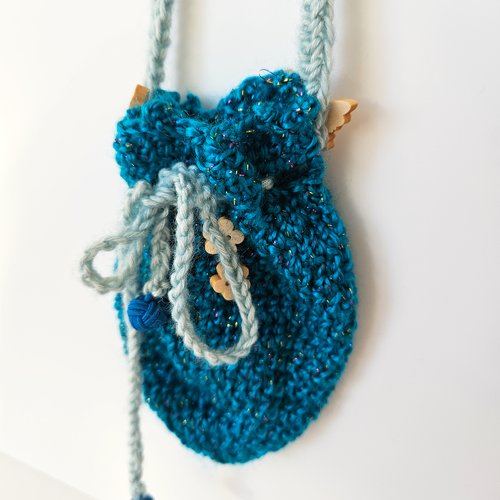 Petite bourse bleu cyan au crochet, sac médiéval en bandoulière