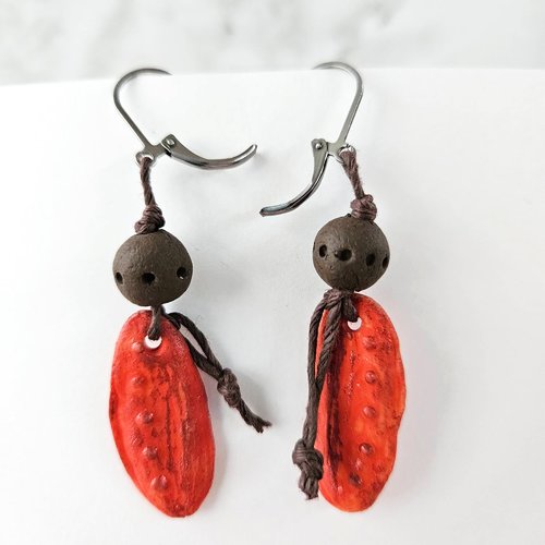 Boucles d'oreille rouge et marron - bijou nature