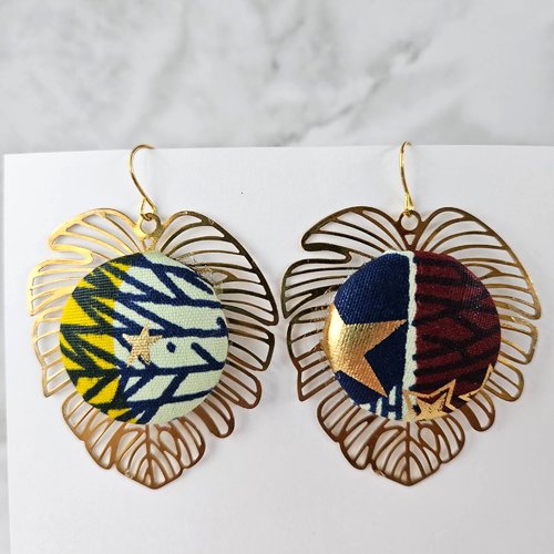 Boucles oreille monstera - feuille et tissu africain - bijou du monde