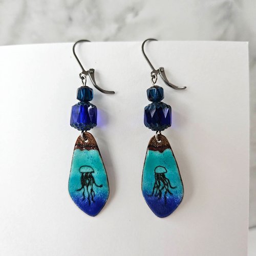 Boucles d'oreille méduse bleu - bijou animal marin