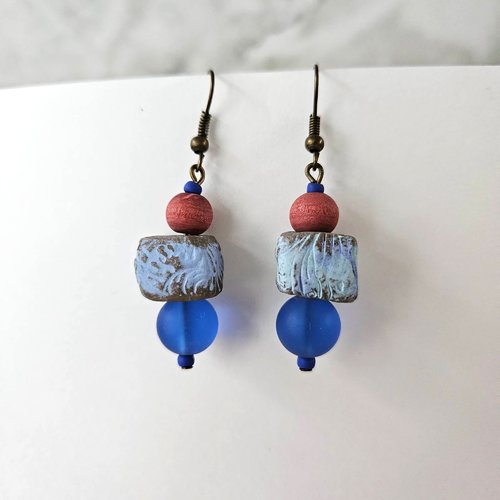 Boucles d'oreille bleu roi / terre de sienne - bijou boho chic