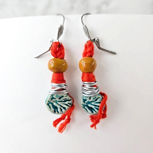 Boucles d'oreille moutarde / turquoise - bijou crochet bohème