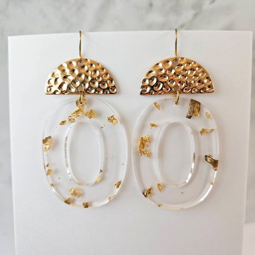 Boucles d'oreille ovale, transparente feuille d'or, bijou moderne