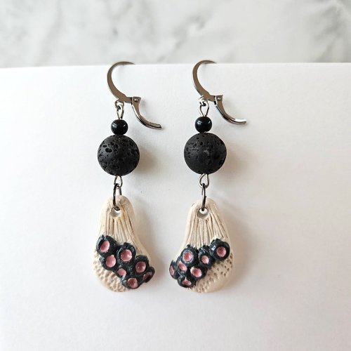 Boucles d'oreille lave, gemme onyx, inspiration corail marin, bijou naturel