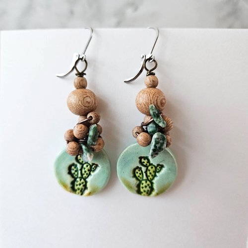Boucles d'oreille cactus, bois de rose, gemme agate mousse, bijoux nature