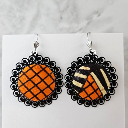 Boucles oreille tissu africain - wax orange noir - bijou du monde