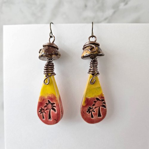 Boucles d'oreille palmier, bijou tropical, jaune orange