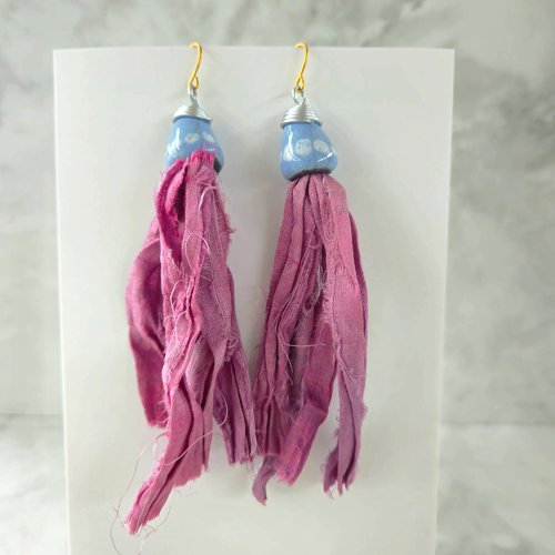 Boucles d'oreille ciel rose, soie indienne sari recyclé, bijou hippie