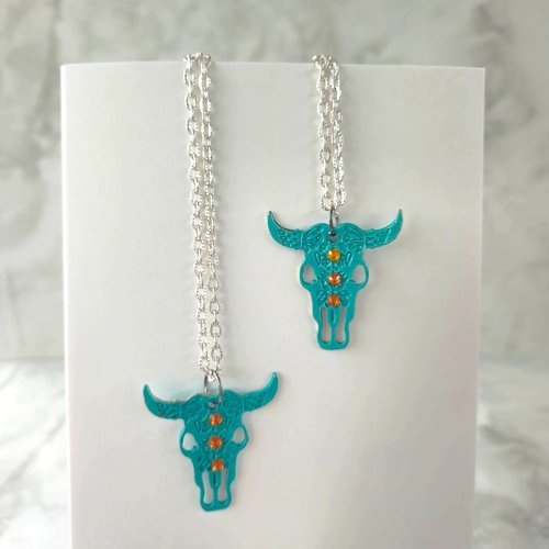 Duo de colliers meilleures amies - deux colliers pendentif buffle patiné bleu