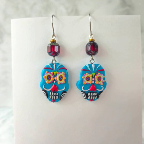 Boucles d'oreille sugar skull, bijou tête de mort mexicaine, crane mexicain