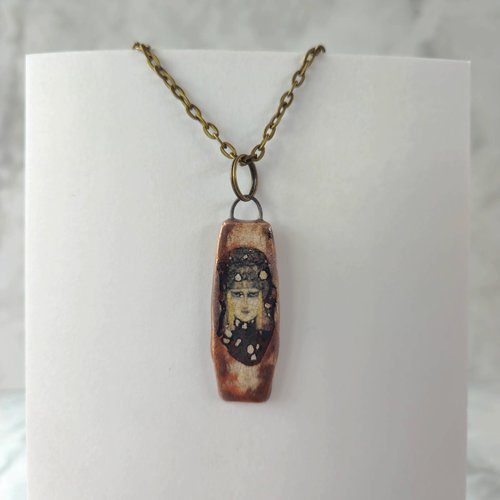Collier art deco pendentif portrait femme céramique - longueur personnalisée