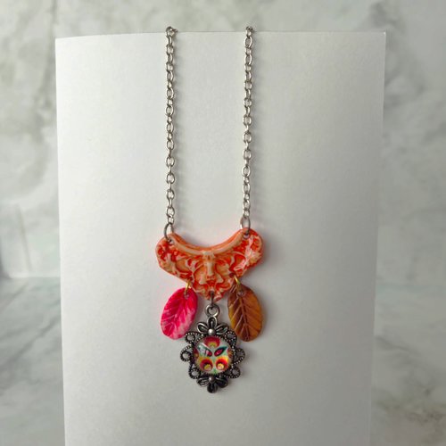 Collier plastron folk polonais pendentif orange, bijou gipsy - longueur personnalisée