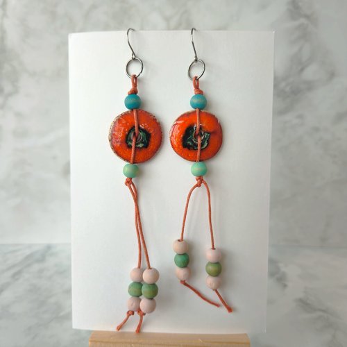 Boucles d'oreille donut longue, céramique orange, boucles pendantes bohème