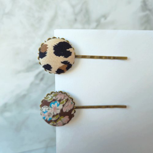 Barrette cabochon fleurie léopard, barrettes cheveux fantaisie - lot de 2